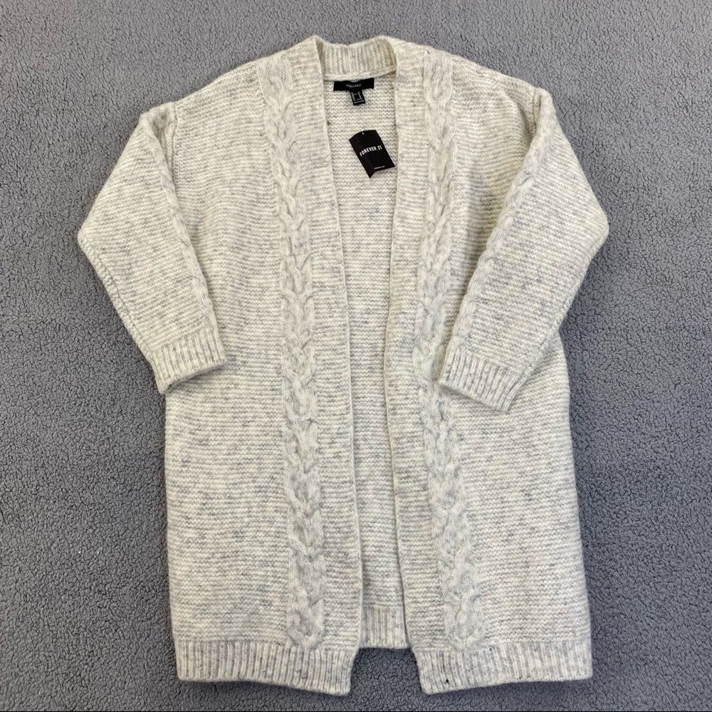 Womens Forever 21 Winter Long Open Front Cream Gray Knit Cardigan Sweater M NWT